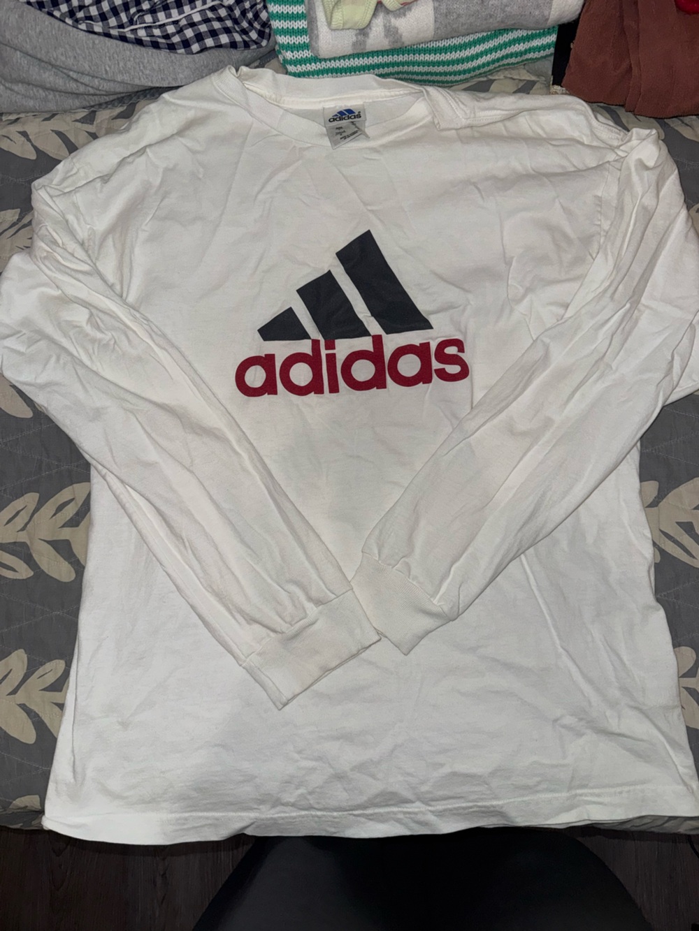 adidas White Long-Sleeve Logo Tee with Red and Black Print